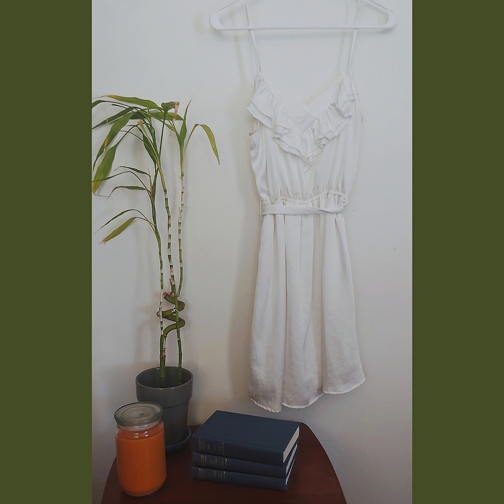 Silky White Ruffled Mini Dress, soft spring summer
